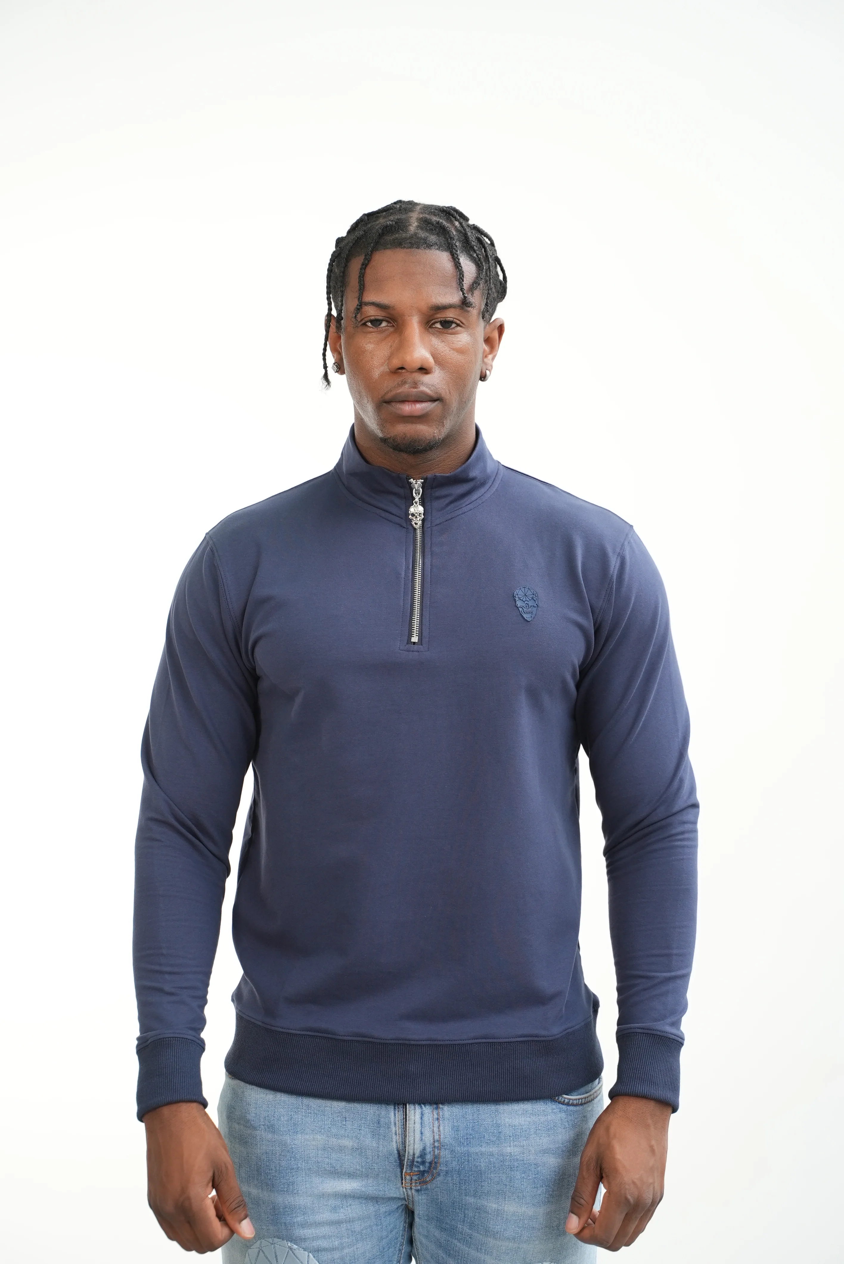 Men's Skull Badge Half Zip Navy - Image 4